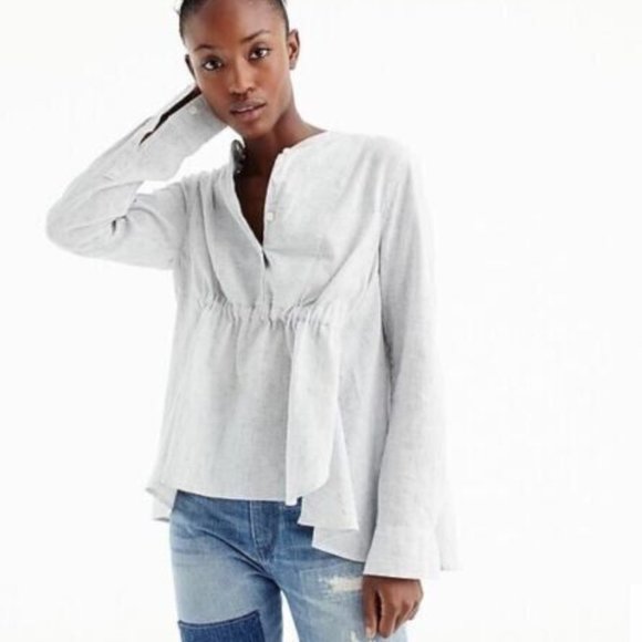 J. Crew Gathered Front Linen and Cotton  Grey Pin Stripe Popover Shirt - Picture 2 of 8